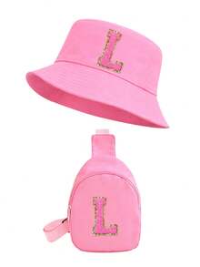 2 Peças Conjunto de Chapéu Balde Rosa com Letra 26 e Bolsa de Peito para Meninas, Alça Ajustável, Versátil, Adequado para Uso Externo, Praia, Pesca, Piquenique - Rosa chiclete - Visão 9
