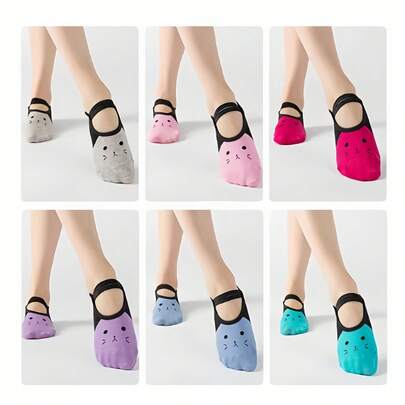 1 Pair Cartoon Lace-Up Fashion Boat Socks, Non-Slip Trampoline Socks, Ballet Yoga Socks, Non-Slip Socks With Cartoon Cat Design, Colorblock, Lace-Up, Non-Slip Sole, Suitable For Indoor Floor Sports, Multi-Color One Size, Professional Non-Slip Yoga Socks For Beginners, Pilates, Indoor Use, All Seasons, Summer Sports Socks For Women