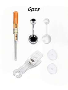 6 piezas Kit de perforación del ombligo, incluye aguja de cánula y anillos de ombligo de circonita cúbica de 14G - Multicolor - Ver 21