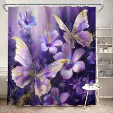 Bộ 1/4 - Bộ rèm tắm hình bướm tím, rèm tắm chống thấm nước họa tiết hoa bướm vàng lá phong cách trang trại hiện đại, kèm 12 móc treo, thảm chống trượt phòng tắm, thảm chữ U cho bồn cầu, tấm phủ nắp bồn cầu, quà tặng gia đình. - A - Xem 18