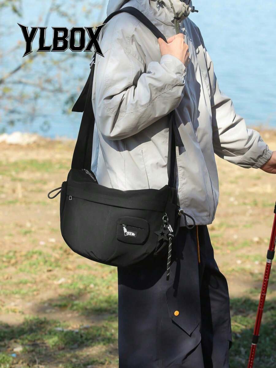 男士尼龙单肩包，大容量，时尚纯色，旅行/假日礼物，户外/骑行/露营斜挎包，夏季返校学生用品，学院风单肩包，新生活必备，高中运动背包 - 黑色 - 查看 1