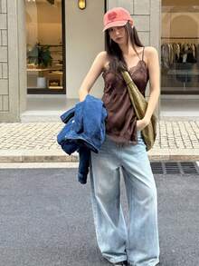 女士纯色蕾丝拼接镂空不对称下摆度假风吊带背心 - 咖啡棕 - 查看 8