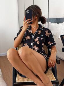 Dreamivo Set Piyama Celana Pendek Lengan Pendek Motif Beruang untuk Wanita - Hitam - View 3