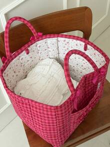 Minimalist Plaid Quilted Bow Decor Large Capacity Laundry Basket, Suitable For Home Use All Year Round For Bedroom Storage Box Clothes Storage Clothes Bag Travel Essentials - Multicolor - View 6