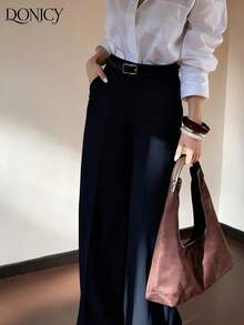 DONICY 女士春夏新款下装，藏蓝色纯色高腰口袋直筒阔腿裤，时尚复古优雅简约百搭套装裤，适合日常休闲、办公通勤、约会、购物、展览等场合。 - 寶藍色 - 查看 7