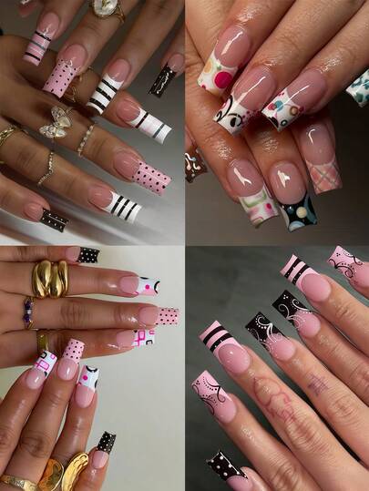 Upgrade Your Style With Y2K Flair! Use 96 Medium-Sized Square Press-On Fake Nails To Change Up Your Nails. Featuring A Minimalist And Fashionable Y2K Style In Pink And Black Color Block, Polka Dots And Stripes, Multicolor Asymmetrical Geometric Shapes, A Chic Spring/Summer Cool Vibe, With Line And Vine Designs, Polka Dot Patterns, And A Wide-Edge French Press-On Nail Set That Fully Covers Your Nails. Suitable For Women And Girls, Includes 4 Adhesive Pads And 4 Mini File Strips, Randomly Shipped.
