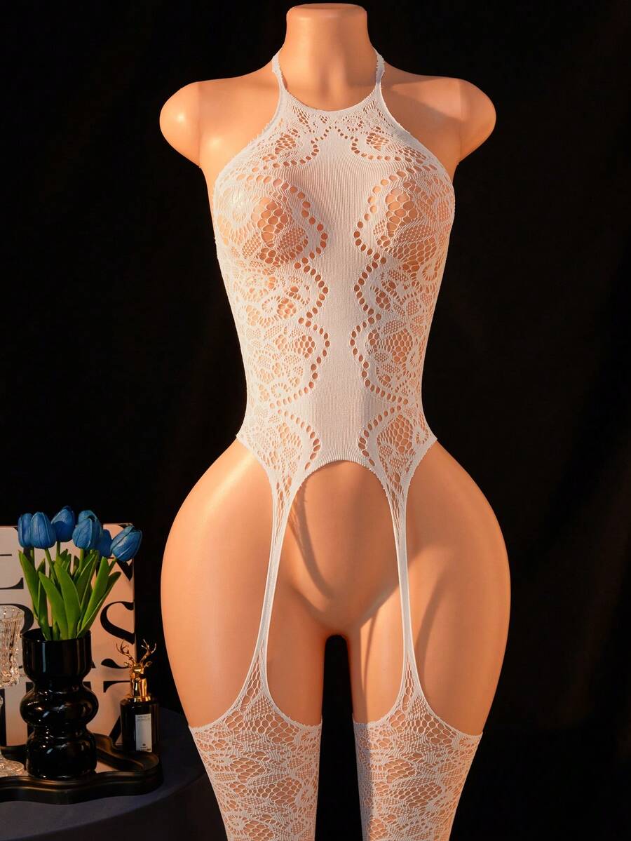 Sexy Lingerie For Women Halter Neck Floral Pattern Bodysuit Open Back Sleeveless Bodystocking Erotic Night Intimate Underwear - White - View 1