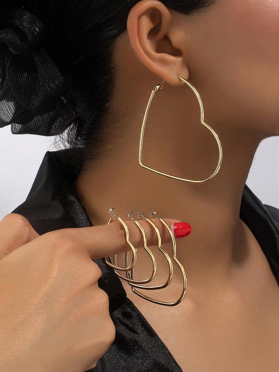10pcs/Set Of Simple European And American Style Heart-Shaped Metallic Luster Earrings - Yellow Gold - View 1