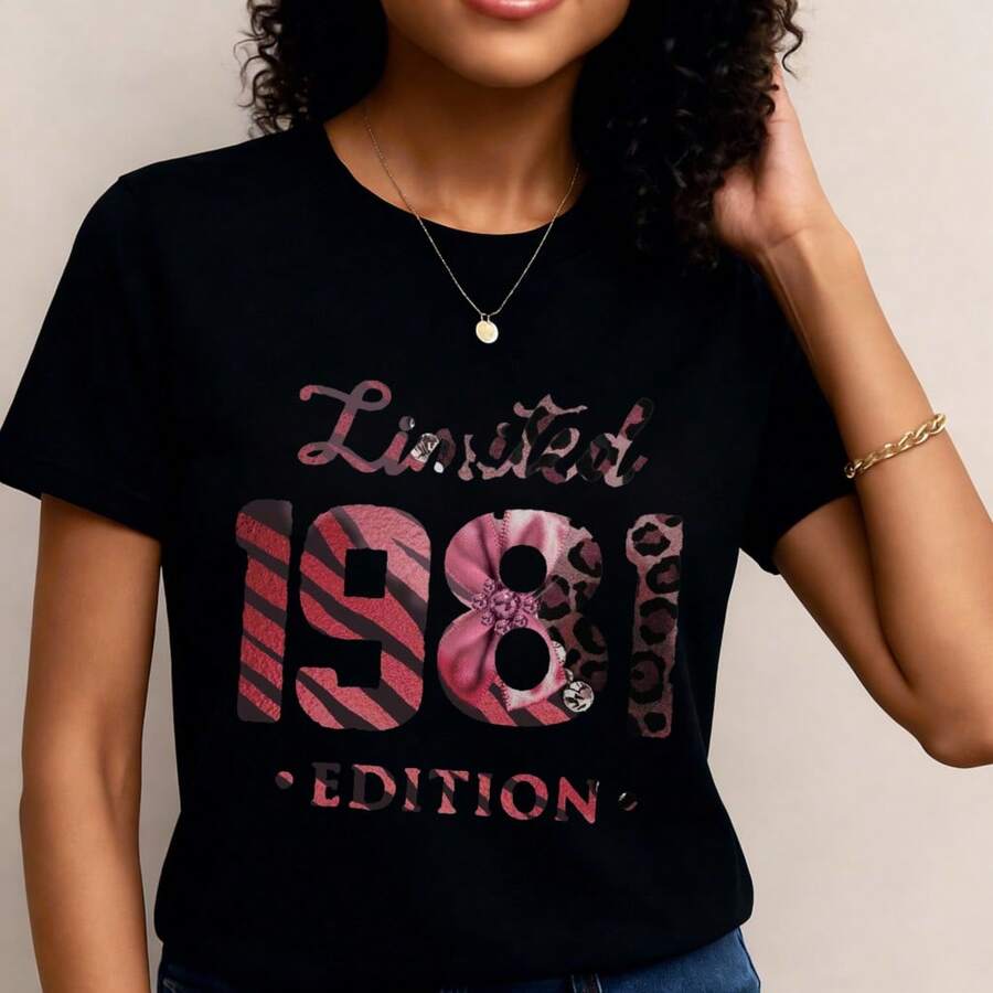 Camiseta Gráfica Vintage Edición Limitada 1981 para Mujer - Estampado Retro '81 con Detalles en Rosa y , Cuello Redondo Suave, Lavable a Máquina, Ropa Casual para Todas las Estaciones, Diseño Atrevido, Manga Corta, Material Elástico, Ideal para Aficionadas a la Moda- 1pcs, 180Gsm, 100% Cotton - Negro - Ver 1