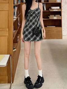 Women's Plaid Print Casual Sleeveless Minimalist Skirt, Summer - Black - View 10