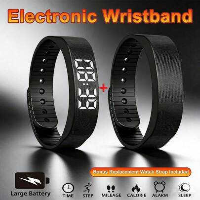 1 Set Unisex Black Silicone Smart Fitness Wristband, Dual Strap Design - LED Display, Step & Distance Tracking, Calorie & Sleep Monitoring, Dual Alarm, Vibration Alert, Quick-Release Strap, Suitable For Running, Daily Wear, And Holiday Gifts