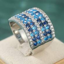 Luxury Blue & White Zirconia Wide Band Ring, Elegant Wedding Anniversary Party Ring, Unique Birthday Gift, Fashionable Women Accessory - Silver - View 10