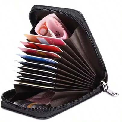 11-Slot RFID-Blocking Zippered Card Holder Wallet, Unisex Slim Multifunctional PU Leather Card Case With Compartments For Business Cards, Passports And Cash, Waterproof And Durable