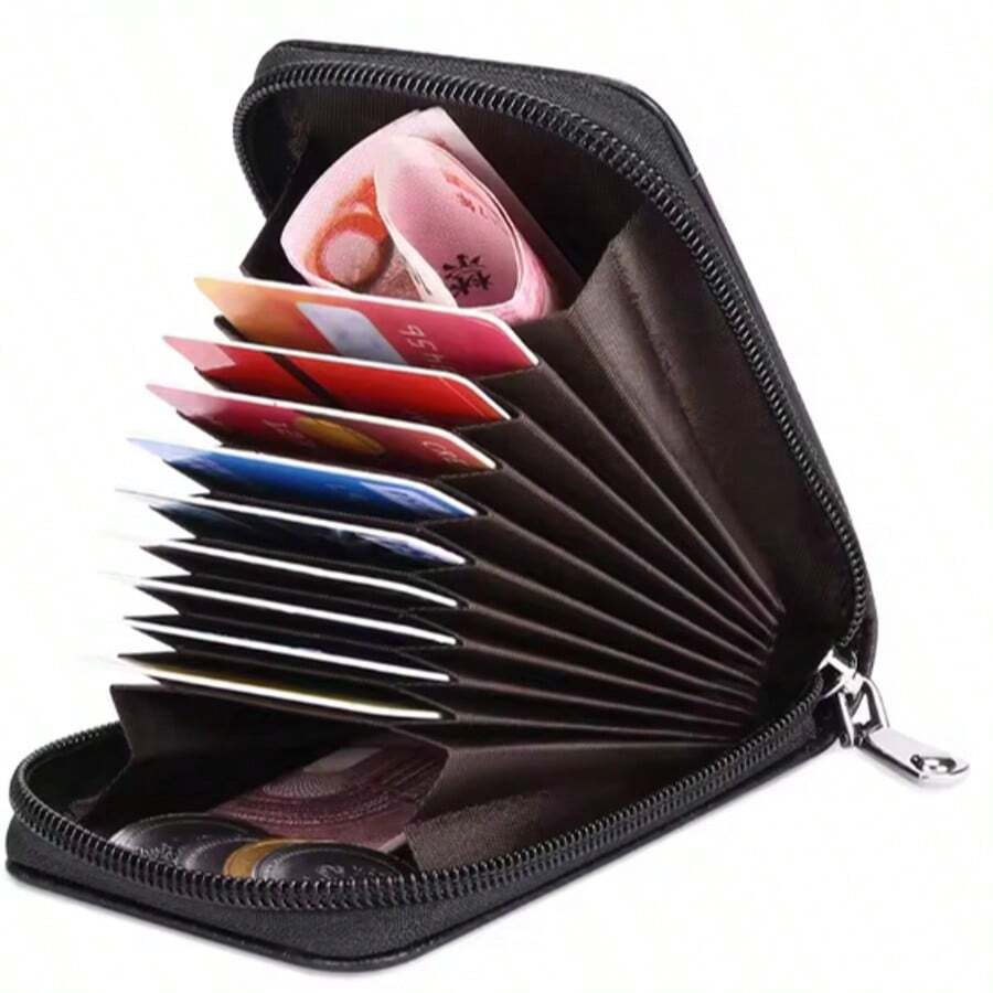 11-Slot RFID-Blocking Zippered Card Holder Wallet, Slim Multifunctional PU Leather Card Case With Compartments For Business Cards, Passports And Cash, Waterproof