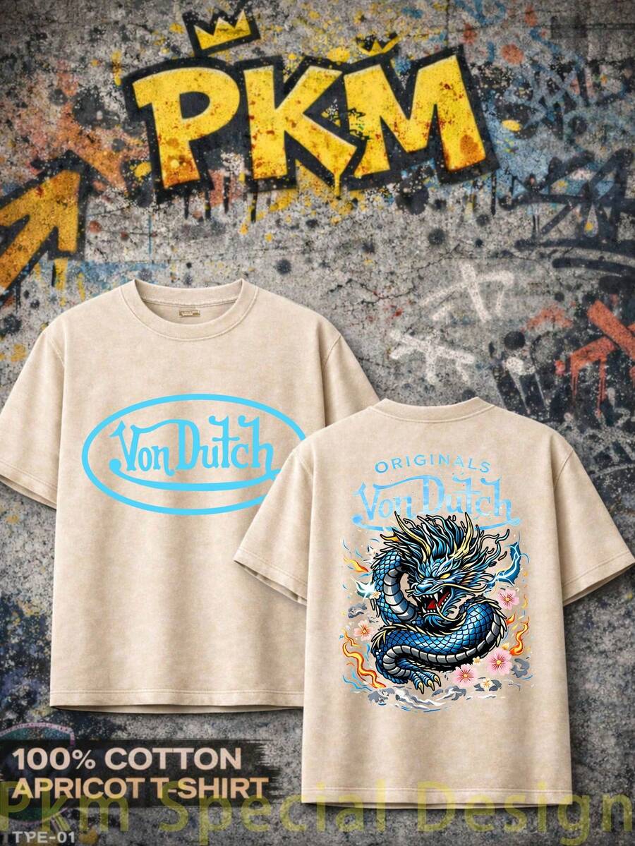 Graphic T-Shirt Vons Dutch Dragon Print Design Everyday Casual Streetwear Machine Washable Regular Fit All Season Top Weekend Outfit Playful Fashion Durable Shirt Short Sleeve Shirt(1) - Màu be - Xem 1