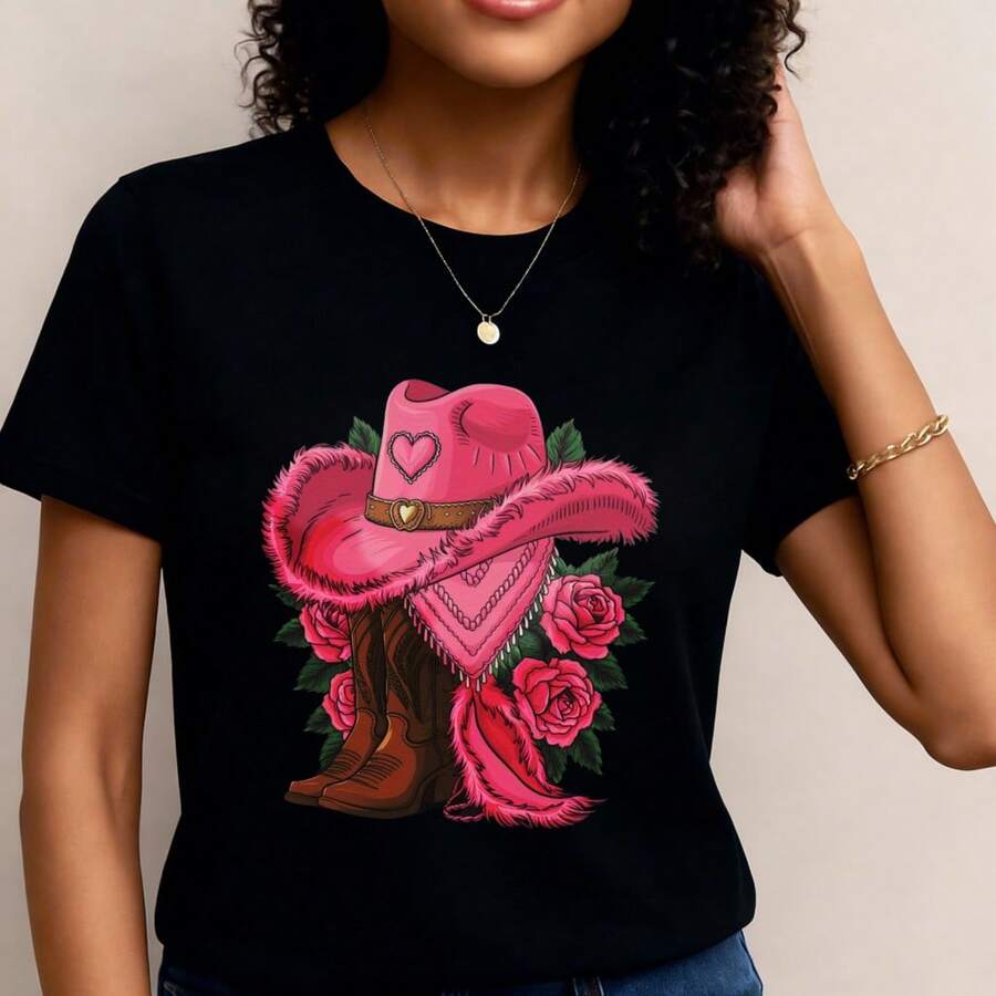 Sombrero de vaquero rosas Camiseta deportiva de manga corta de para mujer- 1pcs, 180Gsm, 100% Cotton - Negro - Ver 1