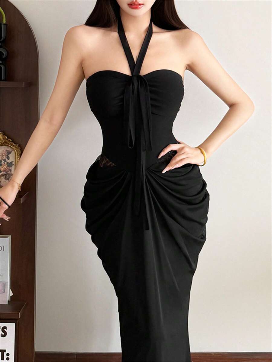 Đầm maxi không tay dáng ôm sát Kliou Halter dành cho nữ, chất liệu lưới xếp ly, không eo, gợi cảm, thích hợp cho mùa hè, đi club, tiệc tùng. - màu đen - Xem 1