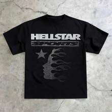 Hellstars Sports Silhouette Vintage Graphic T-Shirt,220g 100_ Cotton,Round Neck Short Sleeve,Black Streetwear Essential For Summer Going Out,Unisex Style - Red - View 6