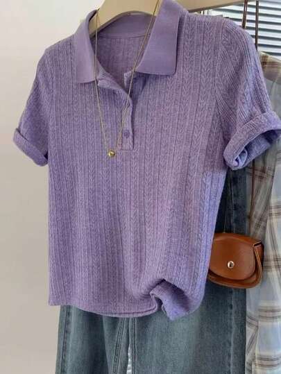 Áo thun tay ngắn cổ polo vai thường, chất liệu lụa băng, kiểu dáng tối giản giúp thon gọn vóc dáng cho nữ, mẫu mới mùa hè.