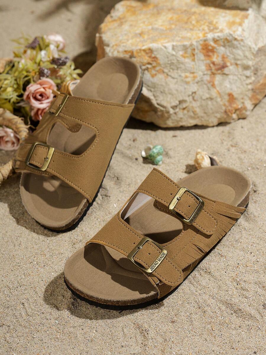 Sandalias de corcho suave con hebilla y flecos en marrón para mujer, estilo retro bohemio casual para exteriores, playa y vacaciones, recomendadas por influencers, sandalias planas minimalistas francesas - Marrón - Ver 1