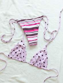 Onefish 女士粉色条纹印花比基尼套装，三角挂脖滑动罩杯比基尼上衣，可调节侧系带比基尼下装，低腰高衩，极简性感夏季海滩度假泳装 - 粉色 - 查看 4