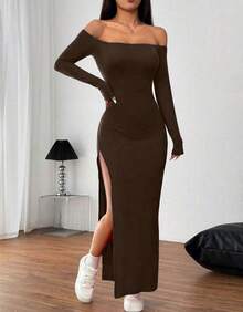 Swisz Long-Sleeved Dress With Dropped Shoulders And High Side Slit, Sexy, Elegant, Sensual, Foreign Style. - Rỉ Nâu - Xem 3