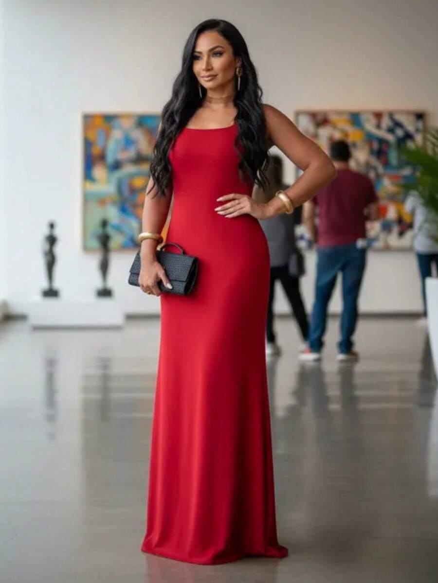 Women's Long Knit Dress With Elastane, Solid Colors, Strappy, Fashionable, Ideal For Weddings, Bridesmaids, Flower Girls, Graduations, Birthdays, Events, Elegant - 紅色 - 查看 1