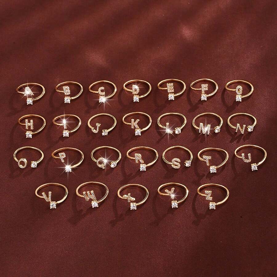 1 chiếc nhẫn điều chỉnh được, thiết kế chữ cái tiếng Anh tối giản, đính đá Cubic Zirconia, dành cho nữ. - Nhiều màu - Xem 1