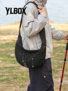 男士尼龙单肩包，大容量，时尚纯色，旅行/假日礼物，户外/骑行/露营适用，斜挎包，学生背包，返校用品，高中运动单肩包 - 黑色 - 查看 1