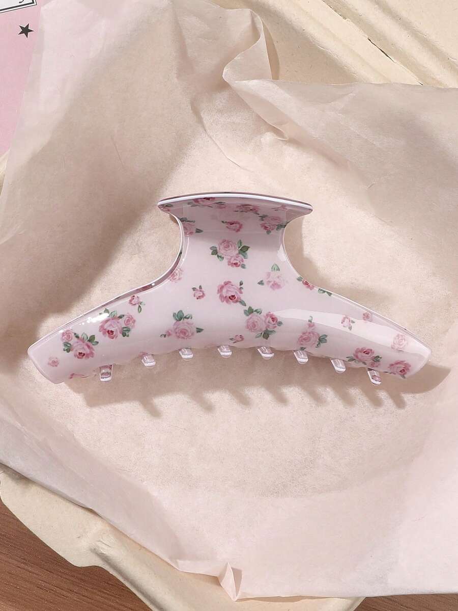 1个粉色玫瑰花印花一体式闪亮发爪夹,温柔少女法式浪漫风格,百搭休闲发饰,适用于马尾辫、丸子头、刘海,适合夏季、假日、旅行、节日、生日等场合。 - 彩色 - 查看 1