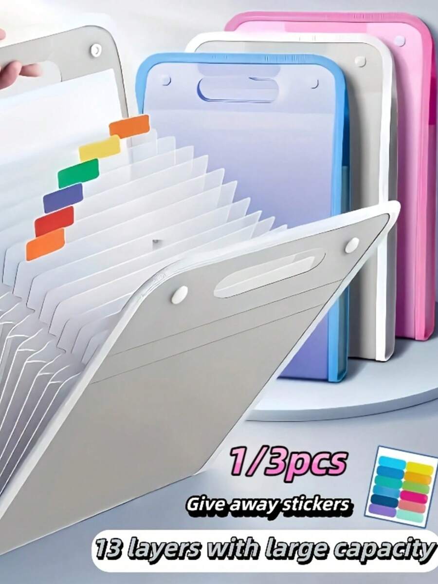1 pieza Carpeta con 13 compartimentos para almacenamiento, incluye 12 etiquetas de clasificación, impermeable y durable, adecuada para guardar artículos de oficina diarios, artículos escolares, exámenes y materiales, organizador de gran capacidad, incluye pegatinas de clasificación - A - Ver 1