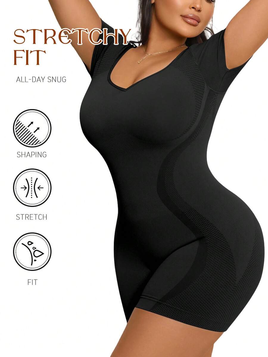 1 pieza Shapewear sin costuras para mujer, adelgazante de cintura y abdomen, levantador de glúteos, diseño sin costuras de alta elasticidad, body minimalista para uso diario - Negro - Ver 1
