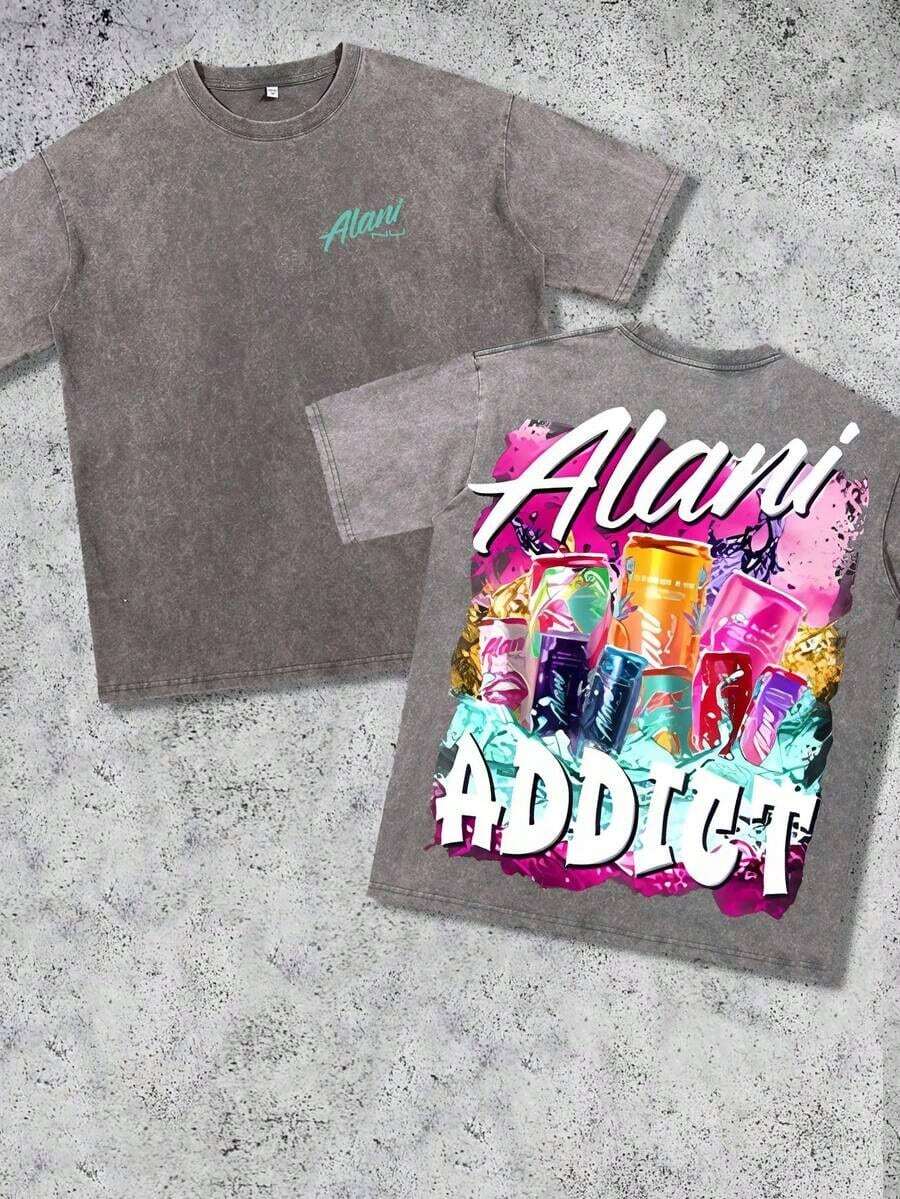 Camisetas nuevas de moda para hombres de primavera y verano. Camiseta de algodón lavado con estampado Alani A, hecha de tela 100% algodón de alta calidad, cardado de aguja fina, relajada y cómoda, adecuada tanto para hombres como para mujeres, ideal para jóvenes amantes del estilo urbano. - Gris - Ver 1
