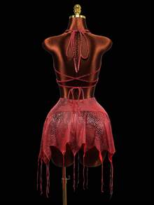 Bộ đồ nữ in họa tiết da rắn gợi cảm gồm áo crop top và chân váy ngắn hở lưng, thích hợp cho đi biển, kỳ nghỉ, đi chơi đêm, mùa xuân/hè. - Đỏ - Xem 6