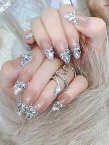 24pcs Silver Diamond French Press-On Nails For Women & Girls, Long Almond Full Cover Fake Nails With Sparkling Rhinestone French Tips, Elegant Acrylic Nails For New Year, Valentine's Day, Party, Wedding, Bridal, Reusable DIY Nail Kit Includes Jelly Glue & Nail File, Nail Supplies - Bạc - Xem 12