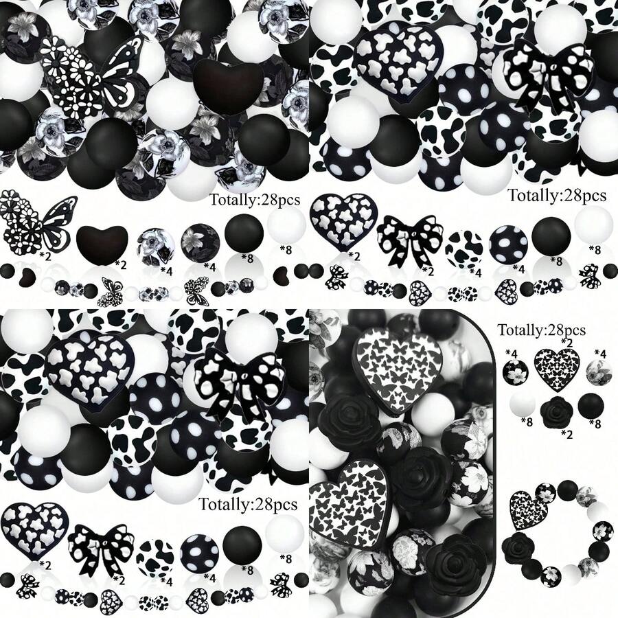 28pcs Silicone Beads, Black & White Bowknot Heart Rose Floral Print Design, Suitable For Jewelry Making, DIY Bracelets, Lanyards, Beaded Pens, Holiday Decorations And Crafts - Ideal Birthday, Spring/Summer, Father's Day, Mother's Day Gift Accessories - Beading Kit, Beading Supplies - 28pcs - View 1