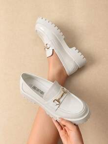 Women Loafers With Metal Buckle Platform Chunky 1.45 Inch Heel Slip-On Slip-Resistant Loafers Comfortable Classic Versatile Work Casual Preppy Shoes - 白色 - 查看 2