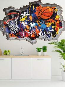 19.29 X 12.59 Inch Wall Decal, Street Graffiti Style Basketball Theme With Basketball, Hoop, Colorful Dots, And Creative Graffiti Font, Suitable For Bedroom, Dorm, Game Room And Home Decor - D - View 4