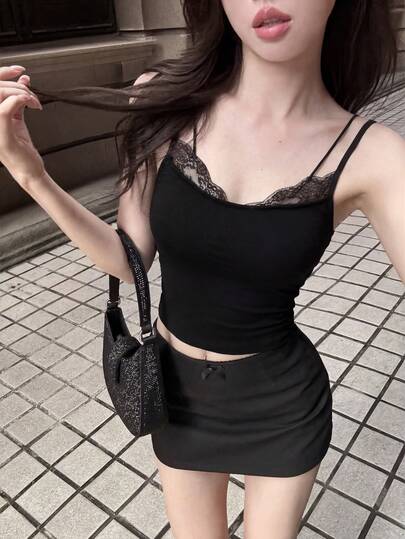 Áo hai dây nữ màu trơn, chất liệu vải dệt kim phối ren, thích hợp cho buổi hẹn hò tối, kỳ nghỉ, mặc thường ngày, áo hai dây ôm sát mùa hè.