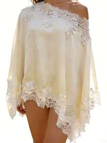 Blusa de mujer con un solo hombro, elegante, de color liso, con ribete de encaje, manga larga y corte holgado, de satén, ideal para uso diario informal. - Blanco - Ver 6