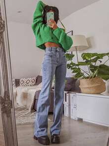 American Star Print Flare Jeans For Women,High Waisted Star Patchwork Stretch Denim Pants,Vintage Bootcut Y2K Streetwear Trousers Spring Clothes - 淺藍色 - 查看 6