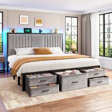 EnHomee Bed Frame With 5 Storage Drawers & Storage Headboard With Outlets, Upholstered Velvet Bed Frame With LED Lights & Charging Station, NO Noise, Easy Assembly, Camas, Grey - 查看 7