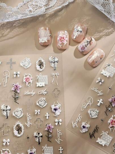 1片5D立体压纹银箔美甲贴纸，复活节春季白色蕾丝十字百合自粘美甲贴，DIY美甲用品，美甲师必备，女士美甲装饰配件，美甲设计