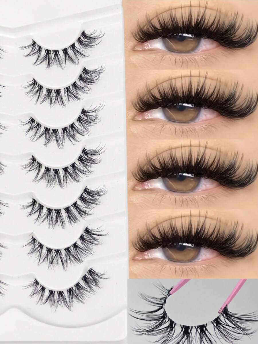 ‌Fluffy Western-Style Fox-Eyed Pure-Seductive False Lashes – (7 Pairs) Medium-Volume Japanese Aesthetic Gradient Layered Pattern, One-Piece Full Strip Design, Clear Band Hand-Tied Edge Detail, Natural Volume & Eye-Enhancing Effect, Premium False Eyelashes For Cosplay, Daily Wear, Or Social Media Makeup - View 1