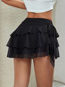 Sexy Fashion Versatile Multi-Layer Ruffle Asymmetric Hem Tie-Up Women Mini Skirt Shorts, Spring/Summer New Arrival Vacation Black - Black - View 2