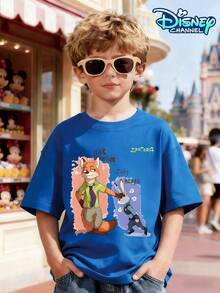 Disney Nick Wilde's Big Tail Print Crew Neck T-Shirt For Boys Aged 4-12, Summer, Pure Cotton Short Sleeve. The Front Features A Clearly Defined Orange Fox Tail And Tie Detail, Echoing Other Adventure Elements And Becoming A Visual Highlight. Small-Sized Prints Continue The Theme, Making The Overall Design More Distinctive. Can Be Paired With Cargo Pants, Joggers, Denim Shorts, Or Athletic Leggings. Suitable For Animal-Themed Parties, Everyday Wear, School, Birthday Parties, And Outdoor Adventures. Sweat-Wicking, Breathable, Durable Cartoon IP Top, Suitable For Boys Aged 4 To 12 For Various Occasions. - Royal Blue - View 1