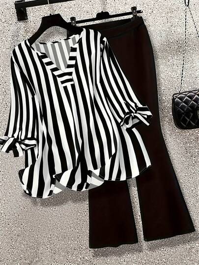 (Directed) Women's Plus Size Fashion Spring/Summer New Stripe Tie-Up V-Neck Sleeveless Top Solid Color Wide Leg Pants Elegance And Grace Two-Piece Set