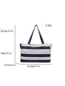 Striped Bohemian Large Capacity Tote Bag, Waterproof Beach Bag, Spacious Handbag, Travel Canvas Bag - Navy Blue - View 5