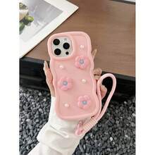 1pc Pink Macaron Floral Big Wave Phone Case With Convenient Lanyard, Cute & Elegant, Compatible With Samsung A03, A03C, A04, A04E, A05, A06, A10, A12, A13, A14, A15, A16, A20, A21, A22, A23, A24, A25, A26, A31, A32, A33, A51, A52, A53, A54, A55, A56, A70, S20, S21, S22, S23, S24, S25, As Well As Apple 7, 8, X, 11, 12, 13, 14, 15, 16, 17 Pro/Pro Max, And Note 9, 10, 11, 12, 13, 14 - Pink - View 2