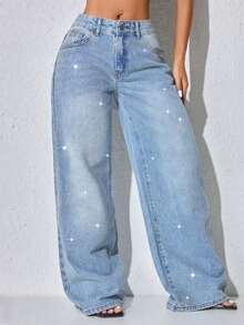Low-Waist Wide-Leg Casual Blue Jeans With Slant Pockets & Beaded Embellishment Spring - Baby Blue - View 7
